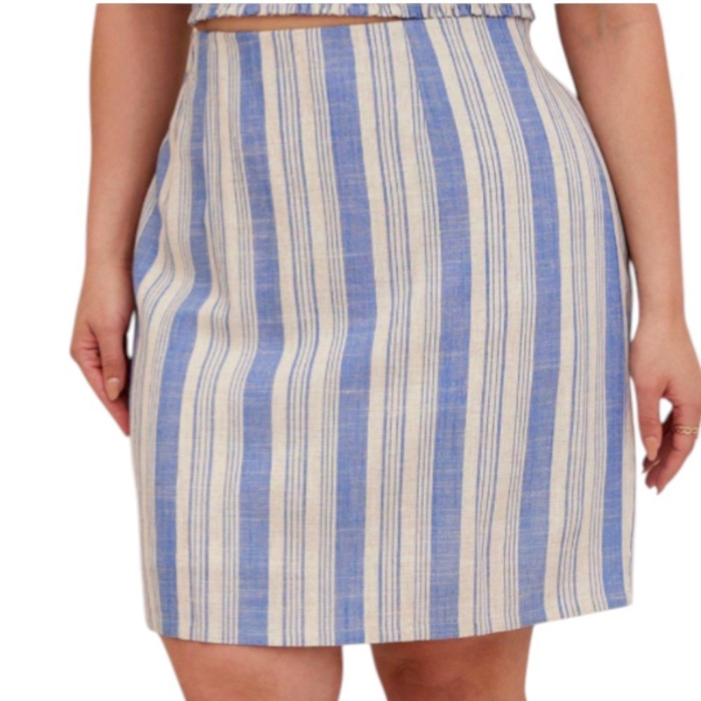 TORRID SKIRT Blue/Cream Chambray Stripes LINEN BLEND Elastic Back Lined 1X/1